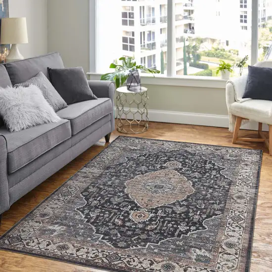 5' X 8' Black Oriental Stain Resistant Area Rug Photo 8