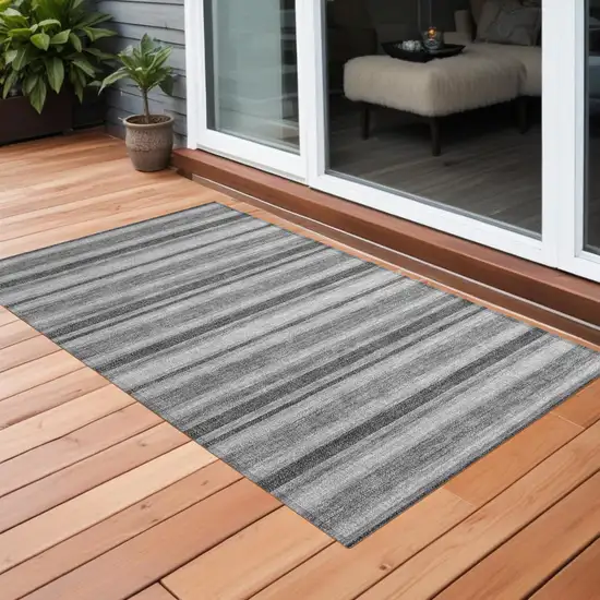 Black Silver and Gray Striped Washable Indoor Outdoor Area Rug Photo 1