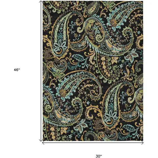 3' X 4' Black and Gold Paisley Washable Non Skid Indoor Outdoor Area Rug Photo 3