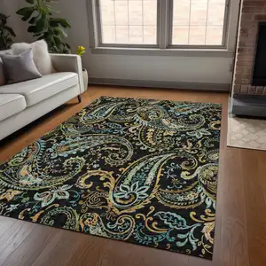 Photo of 3' X 4' Black and Gold Paisley Washable Non Skid Indoor Outdoor Area Rug