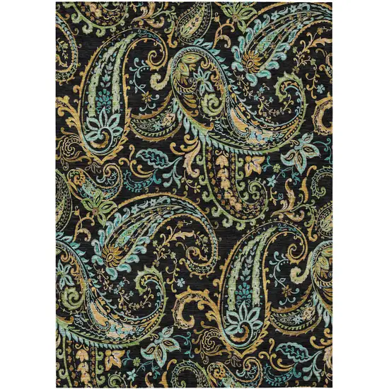 3' X 4' Black and Gold Paisley Washable Non Skid Indoor Outdoor Area Rug Photo 1