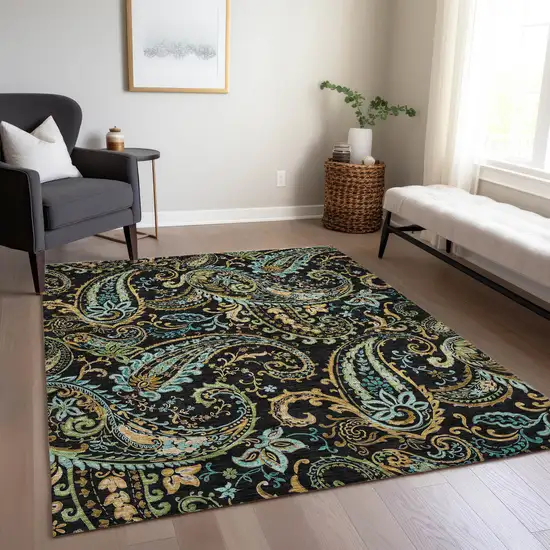 3' X 5' Black and Gold Paisley Washable Non Skid Indoor Outdoor Area Rug Photo 9