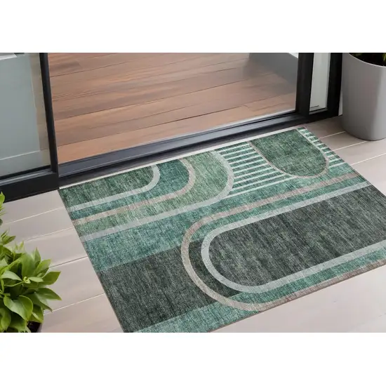 3' X 4' Black and Green Abstract Washable Non Skid Indoor Outdoor Area Rug Photo 1