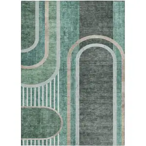 Photo of 3' X 5' Black and Green Abstract Washable Non Skid Indoor Outdoor Area Rug