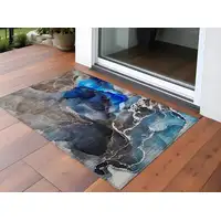 Photo of 3' X 5' Blue Abstract Washable Non Skid Indoor Outdoor Area Rug