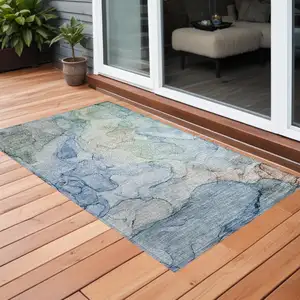 Photo of 3' X 4' Blue Abstract Washable Non Skid Indoor Outdoor Area Rug