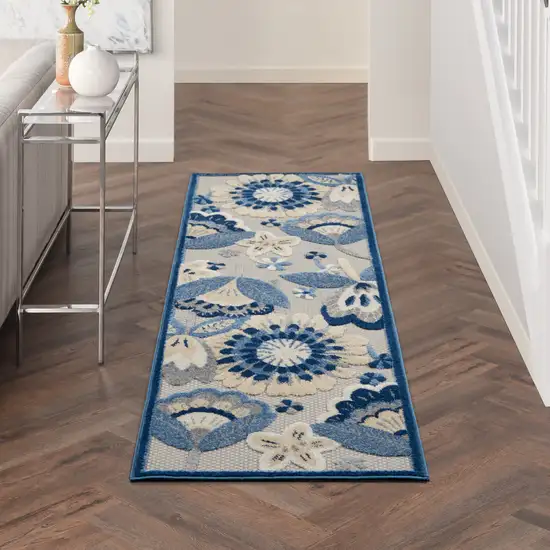 2' X 6' Blue And Grey Floral Non Skid Indoor Outdoor Runner Rug Photo 9