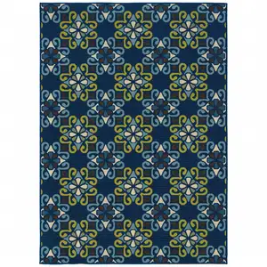 Photo of 3' X 5' Blue Floral Stain Resistant Indoor Outdoor Area Rug