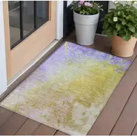 Photo of 3' X 4' Blue Gold and Wheat Abstract Washable Non Skid Indoor Outdoor Area Rug