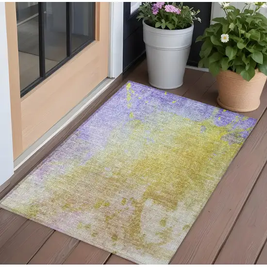 3' X 4' Blue Gold and Wheat Abstract Washable Non Skid Indoor Outdoor Area Rug Photo 1