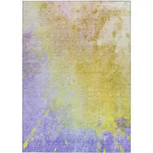 Photo of 3' X 5' Blue Gold and Wheat Abstract Washable Non Skid Indoor Outdoor Area Rug