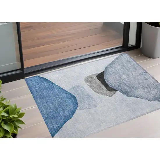 3' X 4' Blue Gray and Black Abstract Washable Non Skid Indoor Outdoor Area Rug Photo 1