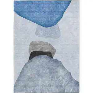 Photo of 3' X 5' Blue Gray and Black Abstract Washable Non Skid Indoor Outdoor Area Rug