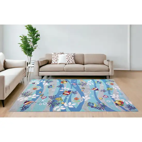 8'X10' Blue Hand Hooked Marine Life Indoor Area Rug Photo 1