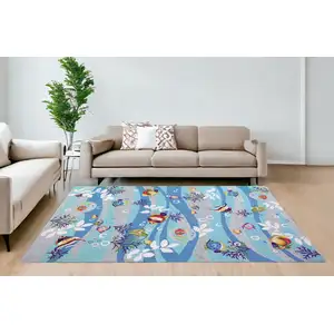 Photo of 8'X10' Blue Hand Hooked Marine Life Indoor Area Rug