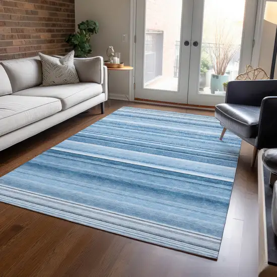 3' X 4' Blue Striped Washable Non Skid Indoor Outdoor Area Rug Photo 9