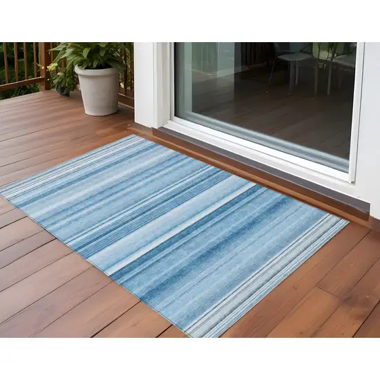 3' X 4' Blue Striped Washable Non Skid Indoor Outdoor Area Rug Photo 1