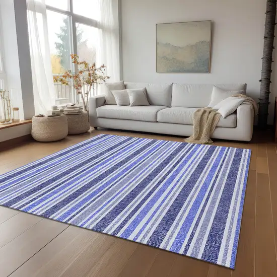 3' X 4' Blue Striped Washable Non Skid Indoor Outdoor Area Rug Photo 7