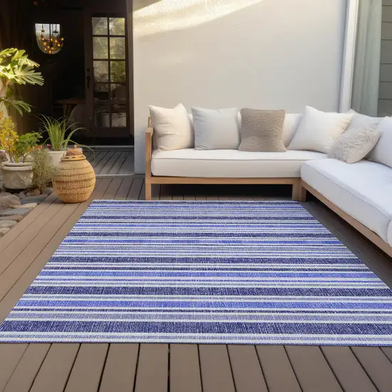 Blue Striped Washable Indoor Outdoor Area Rug Photo 8