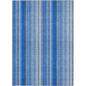 Photo of 3' X 4' Blue Striped Washable Non Skid Indoor Outdoor Area Rug