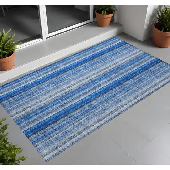 Blue Striped Washable Non Skid Indoor Outdoor Area Rug Photo 1