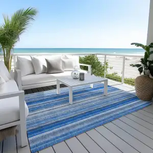 Photo of 3' X 5' Blue Striped Washable Non Skid Indoor Outdoor Area Rug