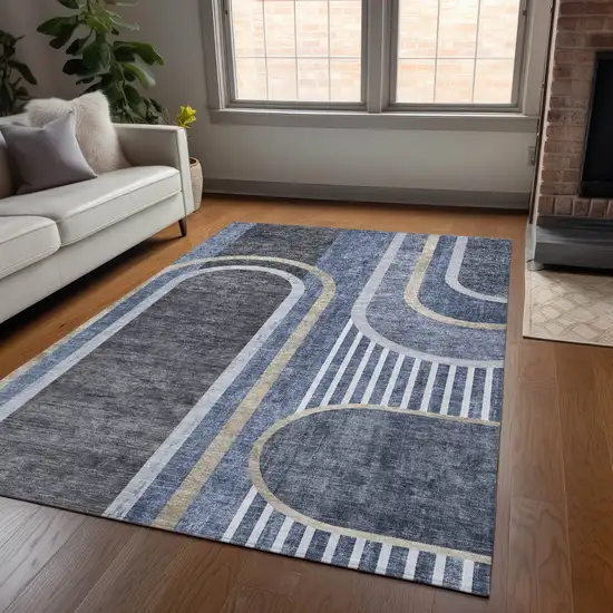 3' X 4' Blue and Black Abstract Washable Non Skid Indoor Outdoor Area Rug Photo 7