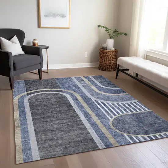 3' X 4' Blue and Black Abstract Washable Non Skid Indoor Outdoor Area Rug Photo 8