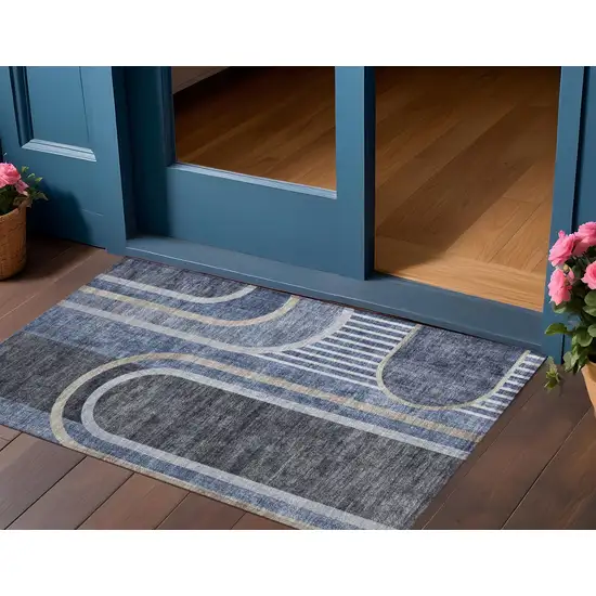 3' X 4' Blue and Black Abstract Washable Non Skid Indoor Outdoor Area Rug Photo 1