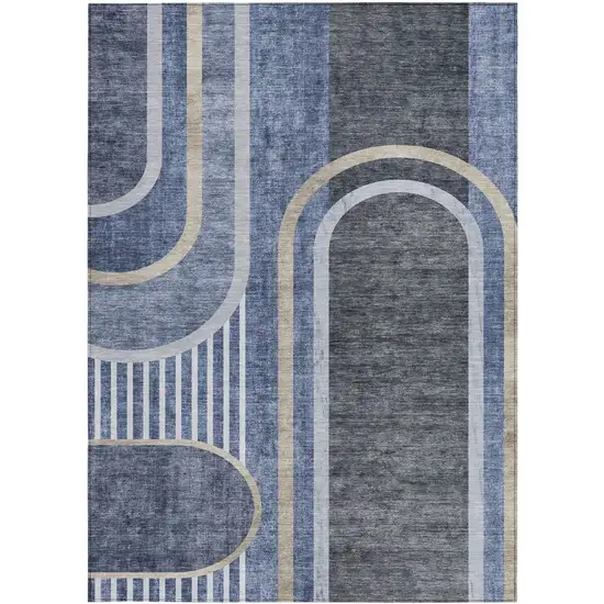 3' X 5' Blue and Black Abstract Washable Non Skid Indoor Outdoor Area Rug Photo 2