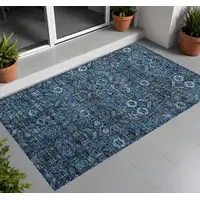 Photo of 3' X 4' Blue and Black Floral Washable Non Skid Indoor Outdoor Area Rug