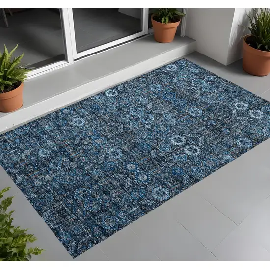 3' X 4' Blue and Black Floral Washable Non Skid Indoor Outdoor Area Rug Photo 1