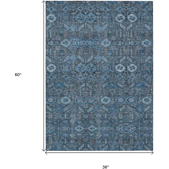 3' X 5' Blue and Black Floral Washable Non Skid Indoor Outdoor Area Rug Photo 3