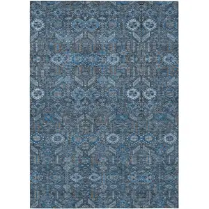 Photo of 3' X 5' Blue and Black Floral Washable Non Skid Indoor Outdoor Area Rug