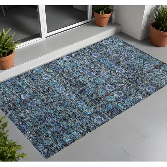 3' X 4' Blue and Coffee Floral Washable Non Skid Indoor Outdoor Area Rug Photo 1