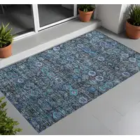 Photo of 3' X 4' Blue and Coffee Floral Washable Non Skid Indoor Outdoor Area Rug