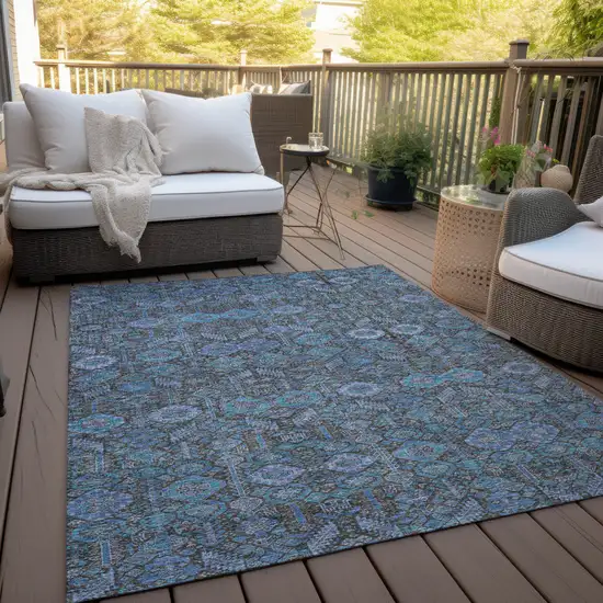 3' X 5' Blue and Coffee Floral Washable Non Skid Indoor Outdoor Area Rug Photo 9