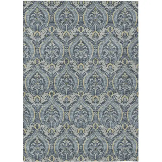 3' X 4' Blue and Cream Damask Washable Non Skid Indoor Outdoor Area Rug Photo 2