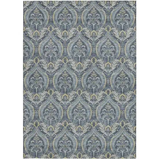 3' X 4' Blue and Cream Damask Washable Non Skid Indoor Outdoor Area Rug Photo 5