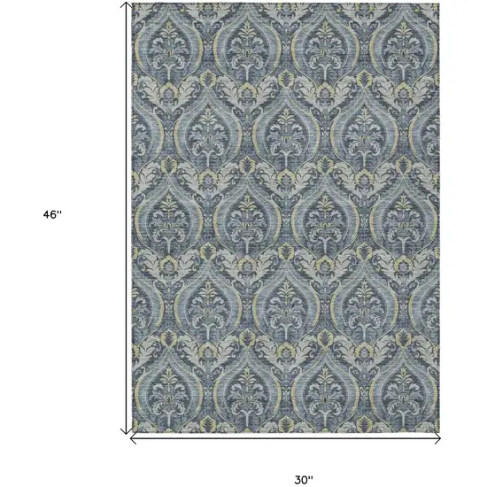 Blue and Cream Damask Washable Non Skid Indoor Outdoor Area Rug Photo 3