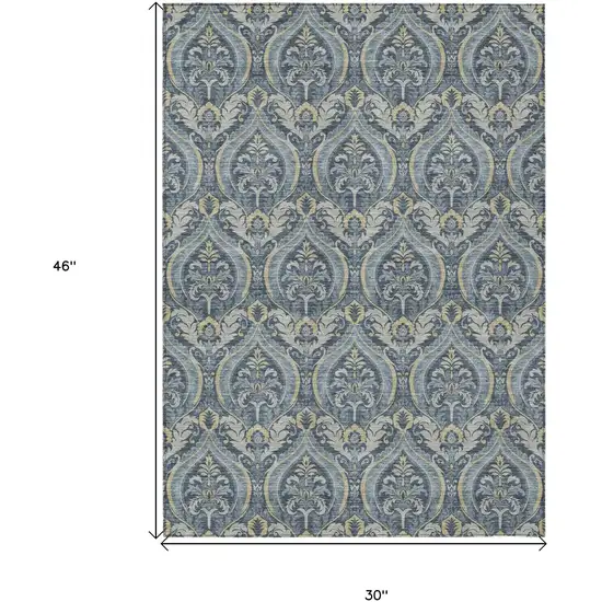 3' X 4' Blue and Cream Damask Washable Non Skid Indoor Outdoor Area Rug Photo 3