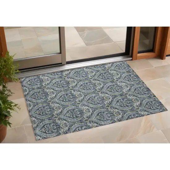 3' X 4' Blue and Cream Damask Washable Non Skid Indoor Outdoor Area Rug Photo 1