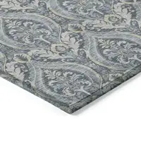 Photo of 3' X 4' Blue and Cream Damask Washable Non Skid Indoor Outdoor Area Rug