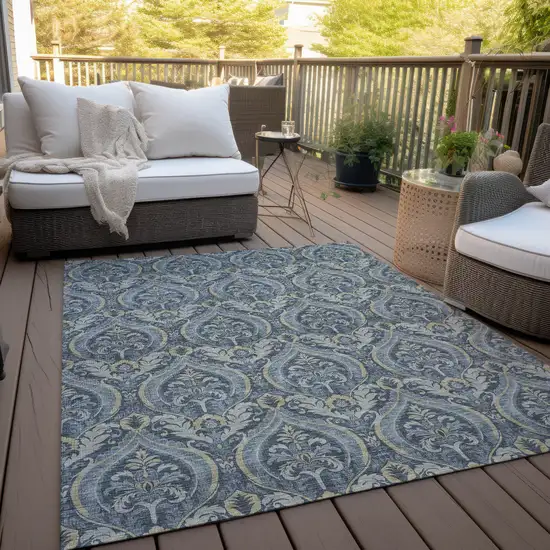 3' X 4' Blue and Cream Damask Washable Non Skid Indoor Outdoor Area Rug Photo 8