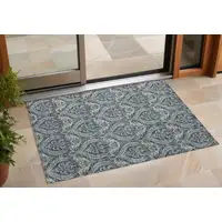 Photo of 3' X 4' Blue and Cream Damask Washable Non Skid Indoor Outdoor Area Rug