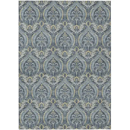 Blue and Cream Damask Washable Non Skid Indoor Outdoor Area Rug Photo 2