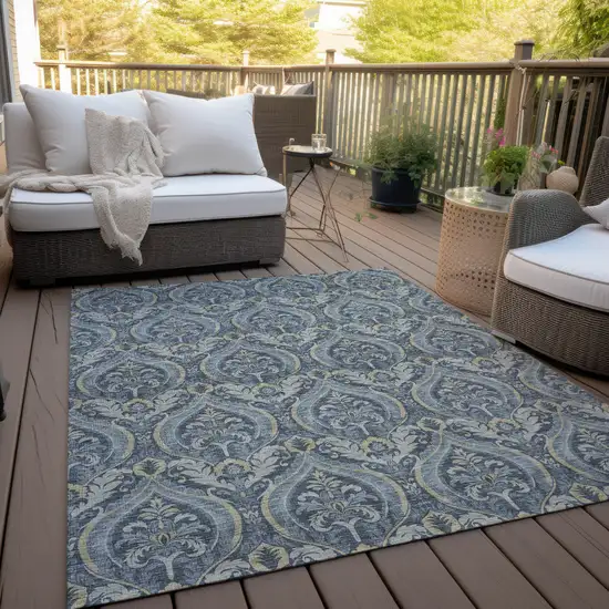 Blue and Cream Damask Washable Non Skid Indoor Outdoor Area Rug Photo 8