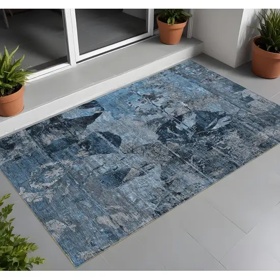 Blue and Dark Blue Abstract Washable Indoor Outdoor Area Rug Photo 1