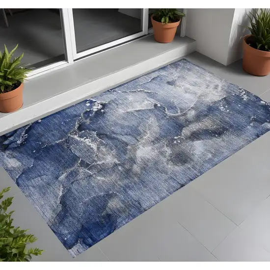 3' X 5' Blue and Gray Abstract Washable Non Skid Indoor Outdoor Area Rug Photo 1