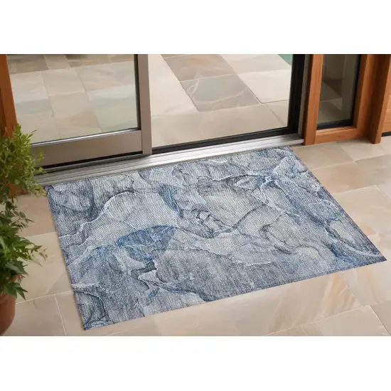 3' X 4' Blue and Gray Abstract Washable Non Skid Indoor Outdoor Area Rug Photo 1